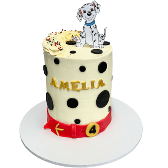 101 Dalmatians Dog Birthday Cake with playful design, featuring a Dalmatian topper and colorful sprinkles, perfect for a dog party.