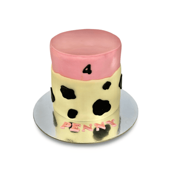 5" Tall Cowgirl Dog Birthday Cake designed for dogs, featuring pink and cow print details, perfect for dog party fun.