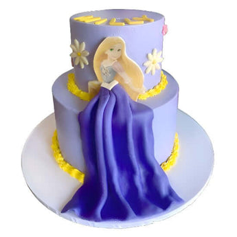 Dog Birthday Princess Cake featuring a whimsical 2-tier design inspired by Rapunzel, perfect for dog birthday parties.