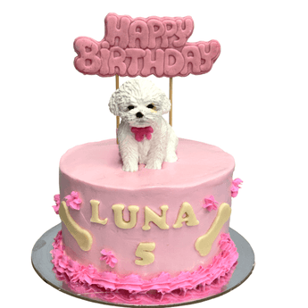 3D Cavoodle cake figurine on a pink Dog Birthday Cake for Luna's 5th Dog Party.