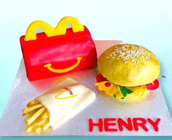Happy Meal Cake designed for dogs, a fun dog birthday cake with burger and fries theme.
