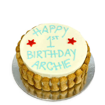 Happy 1st Birthday Dog Cake for Archie, featuring healthy treats and a joyful design for pups.