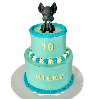 Dog Birthday Cake with figurine featuring a blue 2-tier design and a dog topper for fun Dog Parties.