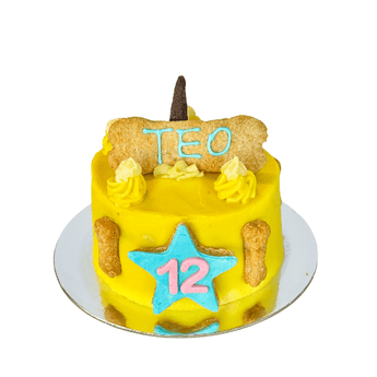Pawberry Cake - Personalized Dog Birthday Cake with yellow icing and dog bone decoration for TEO's special Dog Party.