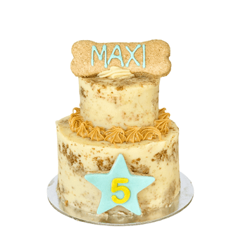 2-Tier Cookies and Cream Dog Birthday Cake personalized for a dog named Maxi with age 5 star cookie.