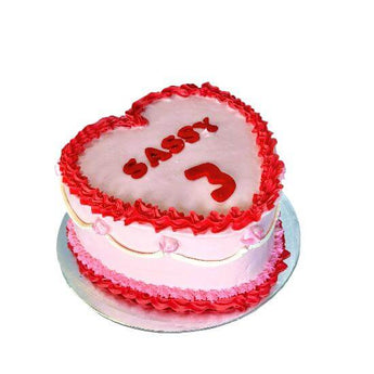 Heart shaped dog birthday cake for Sassy's 3rd birthday, decorated with pink frosting and red lettering.