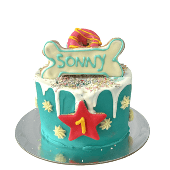 Dohmut Drip Dog Birthday Cake with yogurt decorated for a pup named Sonny, topped with a playful mini treat.