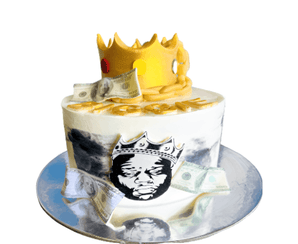 Notorious BIG Dog cake cake topped with a golden crown and edible money for your furry friend's special day.