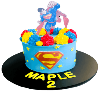 Superman dog birthday cake with colorful frosting and a superhero topper for a fun dog party.