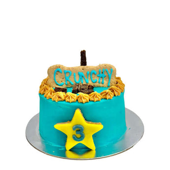 5 inch dog birthday cake decorated with blue icing, peanut butter rosettes, and a fun crunch treat on top.