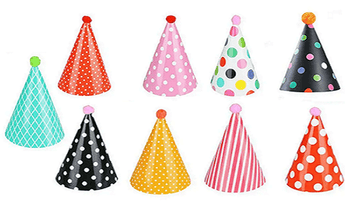 Colorful pompom party hats for dogs in various patterns, perfect for a fun Dog Party!