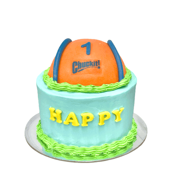 Chuck it Ball Cake with a Chuckit! ball design, perfect for a dog birthday party.