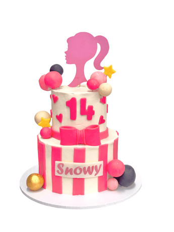 2-Tier Barbie Dog Birthday Cake topped with colorful balloons and a silhouette, perfect for a fun Dog Party.