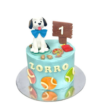 Dogs Favourites cake with Figurine featuring a playful dog, age sign, and colorful treats for a special celebration.