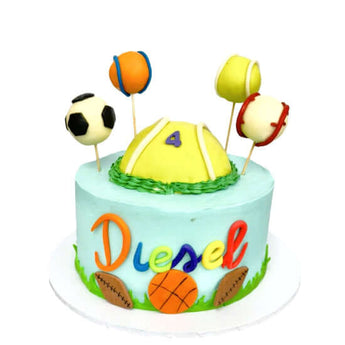 Dog Birthday Cake ball obsessed with colorful sports balls and cheerful decorations for a dog party.