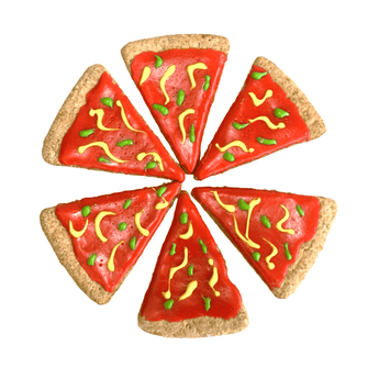 Delicious pizza slice dog cookies laid out in a fun pattern, perfect for furry friends to enjoy!