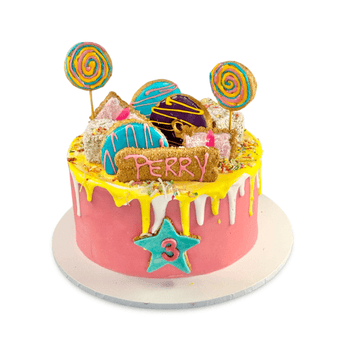 Candy Land Cake decorated with sweets, perfect for a dog birthday cake celebration.