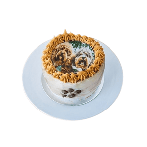 Dog Birthday Cake carob swirl with peanut butter piping and edible dog photo topping.