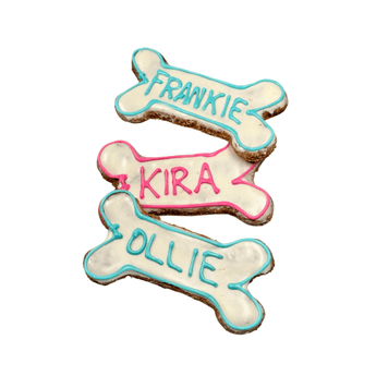 Personalized iced dog bone treat featuring names Frankie, Kira, and Ollie, perfect for dog birthday cake.