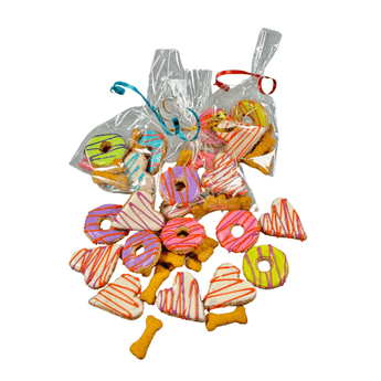 Mixed dog treat bag featuring heart cookies, mini doughnut cookies, and bone bickies, all handmade and colorful.