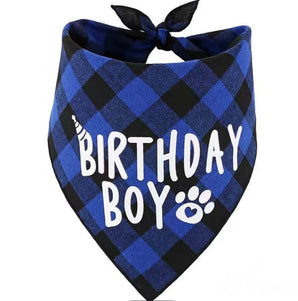 Dog birthday bandanas in blue plaid design saying 'Birthday Boy', perfect for your pup's special Dog Party!