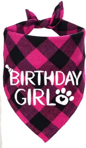 Dog birthday bandanas in pink plaid with 'Birthday Girl' design, perfect for your pup's dog party.