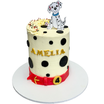 101 Dalmatians Dog Birthday Cake with playful design, featuring a Dalmatian topper and colorful sprinkles, perfect for a dog party.