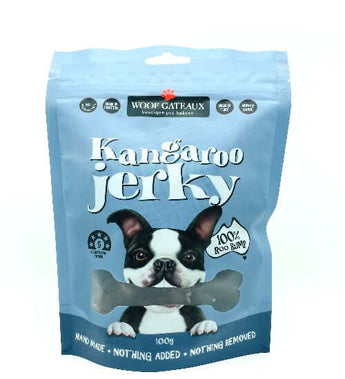 Dehydrated dog treats in a blue bag featuring kangaroo jerky for healthy dog snacks.