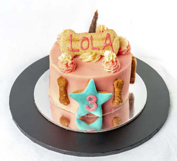 Pawberry Cake - Personalized Dog Birthday Cake, adorned with pink icing and dog-themed decorations, perfect for a dog birthday party.
