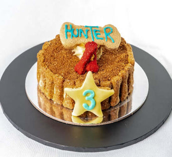 Dog birthday cake for Hunter, featuring a personalized treat and a fun star decoration for a special celebration.