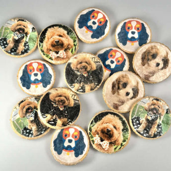 Personalized dog picture cookies featuring adorable canine images, perfect for any dog party.