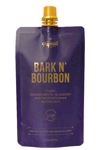 Dog Mocktails Bark N' Bourbon pouch, featuring chicken broth, blueberry and passionflower botanicals for dogs.