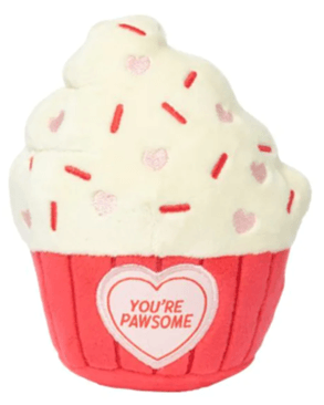 Squeaky Plush Toy shaped like a cupcake with sprinkles and a heart that says YOU'RE PAWSOME.