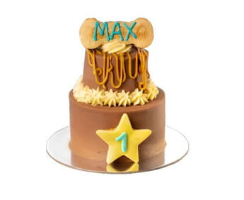 2-tier carob dog birthday cake personalized for Max with a star-shaped cookie and fun decorations.