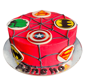 Spiderman dog birthday cake decorated with superhero badges, perfect for your pup's dog party.