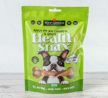 Health Snax nutritious dog biscuits with apple pie flavor, all natural and oven baked for healthy snacking.