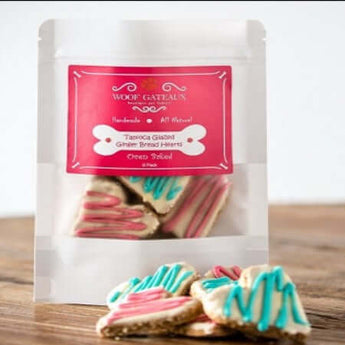 Tapioca glazed dog treats in a beautiful bag with heart-shaped biscuits, perfect for healthy dog treats!