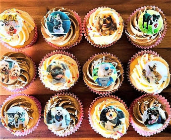 Delicious human cupcakes with pet images, topped with chocolate and vanilla buttercream, perfect for a dog party!