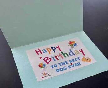 Personalized Gift Card featuring birthday message for the best dog ever with colorful balloons.