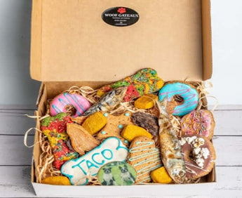 Delightful assortment in the dog grazing treat box, featuring colorful cookies and fish-shaped snacks for furry friends.