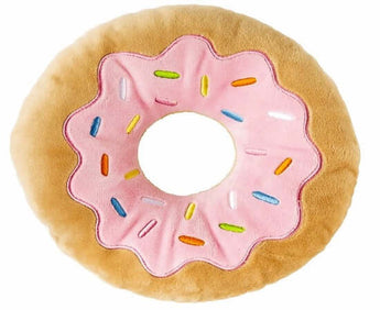 Squeaky plush dog toy shaped like a donut, perfect for entertaining and engaging your furry friend.