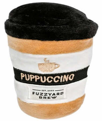 Squeaky plush dog toy shaped like a puppuccino coffee cup from Fuzz Yard for playful dogs.