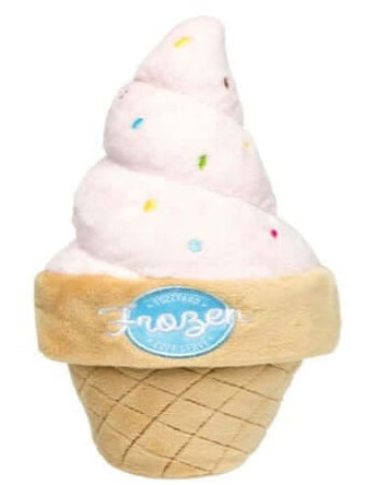 Squeaky plush dog toy shaped like an ice cream cone with colorful sprinkles, perfect for furry friends.