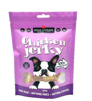 Dehydrated dog treats in a colorful package featuring chicken jerky for happy dogs.